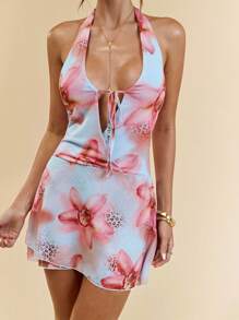 SHEIN BAE Women's Summer Vacation Floral Print Halter Open Back Dress