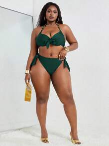Slaydiva Plus Size Sexy Metal Underwire Bikini Set, Adjustable Halter Neck For Summer Beach Vacation - Dark Green - View 6
