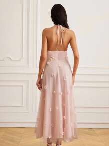 Aveloria Rosie Sweet Pink Mesh Halter Tie Long Dress With 3D Floral Beaded Embellishment, Backless Sexy Sleeveless Dress - Multicolor - View 2