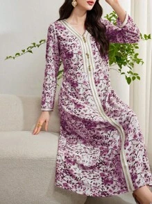 Al Najma 女式花卉印花拼接丝带长袖阿拉伯连衣裙 - 彩色 - 查看 8