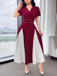 Feyla Women's Elegant Contrast Color V-Neck Ruched Waist Puff Sleeve Dress