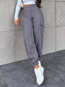 EURMUSE Women's Casual Street Style Solid Color Flap Pocket Cargo Jogger Jeans - Dark Grey - View 5