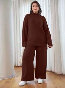 EURMUSE OLUS SIZE HIGH NECK CASUAL SWEATER CORDS - Brown - View 5