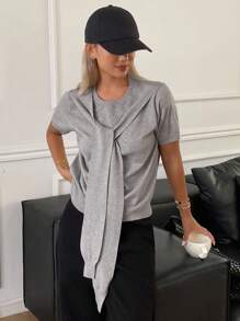 Livesso Women's 2 In 1 Tie-Waist Patchwork Short Sleeve Round Neck Short Knit Sweater, Casual & Chic