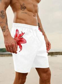 Manfinity VDAYZ 男士花卉印花抽绳腰沙滩短裤 - 紅白色 - 查看 7