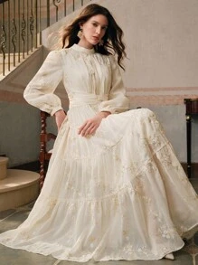 Anewsta Váy thắt eo cổ tròn thêu thanh lịch dành cho nữ, mùa thu - Màu be - Xem 3