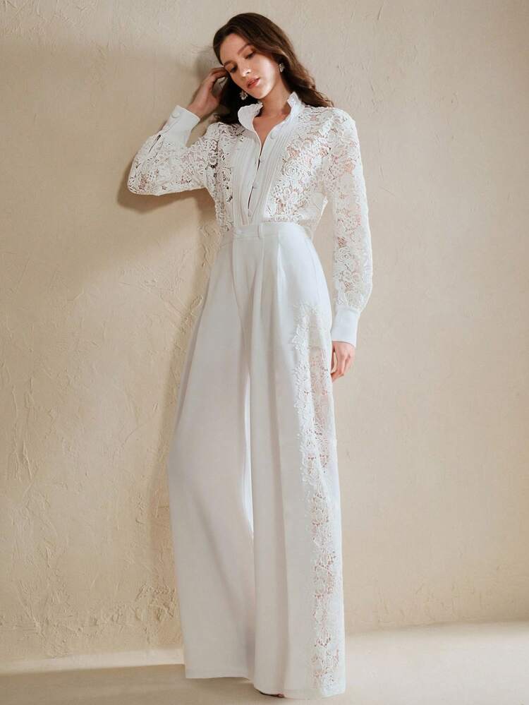 Women Clothes Fall & Winter Comfortable Loose Elegant And Simple Back To School Season Workplace Commuting Daily Leisure Family Gathering Water-Soluble Lace Embroidery With Lining Wide-Leg Solid White Women's Pants