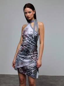 TypaGal Light Grey Halter Mini Dress,Summer Animal Print Asymmetrical Silhouette Silky Tie-Neck Club Night Dress For Women,Sultry Sleeveless Party Wear - Multicolor - View 3