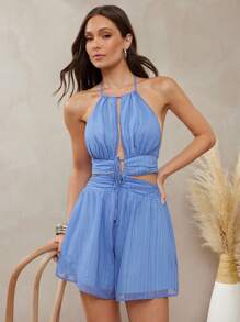 L'Amorae Women's Summer Sexy Solid Color Backless Halter Rompers - Blue - View 1