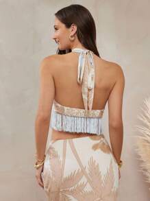 L'Amorae 露背领口串珠吊带印花夏季短款上衣，带流苏下摆细节 - 杏色 - 查看 5