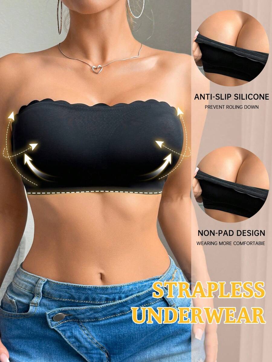 流行无缝波浪印花抹胸运动文胸，防滑瑜伽短款上衣，裸感普拉提健身服 - 黑色 - 查看 1