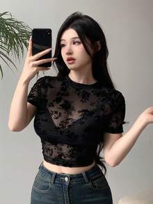 DAZY Camiseta de de malla transparente de manga corta sexy - Negro - Ver 7