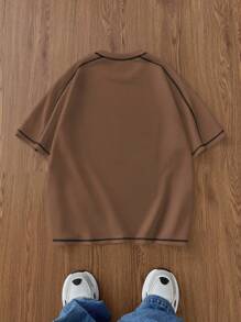 Manfinity Unisex 男士休闲宽松短袖针织T恤，情侣装 - 棕色 - 查看 2