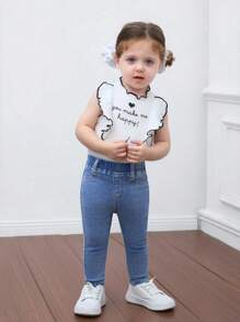 SHEIN Baby Girls Blue Tight, Elastic, Casual Comfortable And Simple Jeans,Fall Casual And Comfortable Wear - Light Wash - View 2