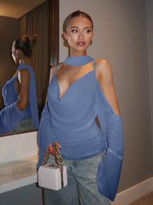 Glamine Áo hai dây voan trơn màu thanh lịch 2025 không tay cho nữ mùa thu trở lại trường - Màu xanh nhạt - Xem 2