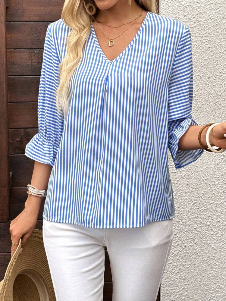 Women's Striped 3/4 Sleeve V-Neck Casual Loose Blouse Blue And White Striped Top Striped Blouse Blue Striped Shirt Women Summer Blouse Blue And White Top Cute Tops Going Out Tops Women Summer Tops Babydoll Top Going Out Tops Basic Tops Fall Tops Going Out Top Babydoll Tops Work Blouses For Women Cute Summer Tops Modest Tops Vacation Tops Going Out Tops Women Summer Tops Babydoll Top Going Out Tops Basic Tops Fall Tops Going Out Top Babydoll Tops Work Blouses For Women Cute Summer Tops
