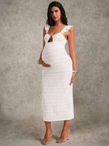 MaterniChic Maternity Solid Color Hollow Out Fitted Elegant Summer Dress Baby Shower Maternity Dress Maternity Photoshoot Maternity Dress Maternity White Dress - White - View 3