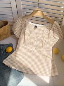 SHEIN EZwear 夏季杏色和白色格子编织女式衬衫 - 杏色 - 查看 3