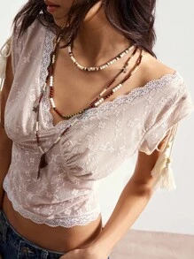 Bohemela Boho V-Neck Lace Trim Fitted Cropped Summer Vacation Top For Women - Apricot - View 5