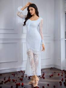 Modelyn Đầm dài tay thanh lịch dành cho nữ cổ vuông và lưới - Màu xanh lam - Xem 5