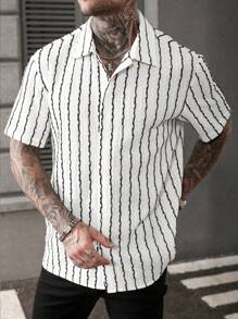 Manfinity RSRT 男士杏色纹理竖条纹正装衬衫 - 白色 - 查看 5