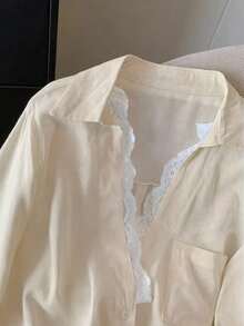 INAWLY قميص كاجوال فضفاض مزين بالدانتيل بأكمام طويلة للنساء، صيفي