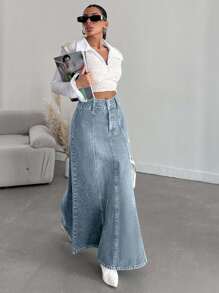 EURMUSE Women's Fashionable Washed Maxi Denim Skirt