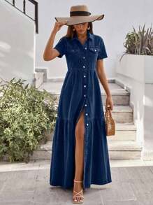 EURMUSE Women's Casual Denim Short Sleeve Denim Dress - Royal Blue - View 4