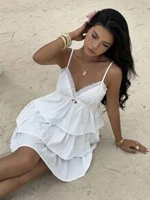 SHEIN PETITE 女士夏季休闲多层荷叶边下摆拼布花卉装饰吊带迷你连衣裙 - 白色 - 查看 8