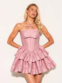Glamine Elegant Pink Fishtail Layered Midi Skirt, Summer - Baby Pink - View 7