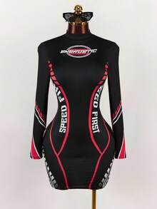 Amplova Đầm ôm sát cổ đứng in chữ khối màu - màu đen - Xem 3