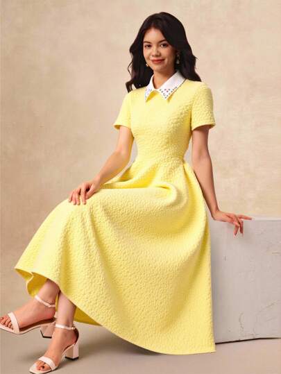 Rhinestone Collar Jacquard Texture Fabric Pleated A-Line Long Skirt, Elegant High Waist Snug Fit Design, Fashionable & Chic For Teenage Girls, Summer Summer Holiday