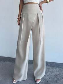 Firerie 女士新款简约优雅绿色中腰宽松直筒裤，百搭日常休闲装、通勤装、时尚装、夏季装、办公室装、海滩度假装 - 杏色 - 查看 10