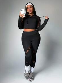 Easithlete 大码女式几何网眼拼接短款上衣和紧身裤运动套装健身女式套装 - 黑色 - 查看 3