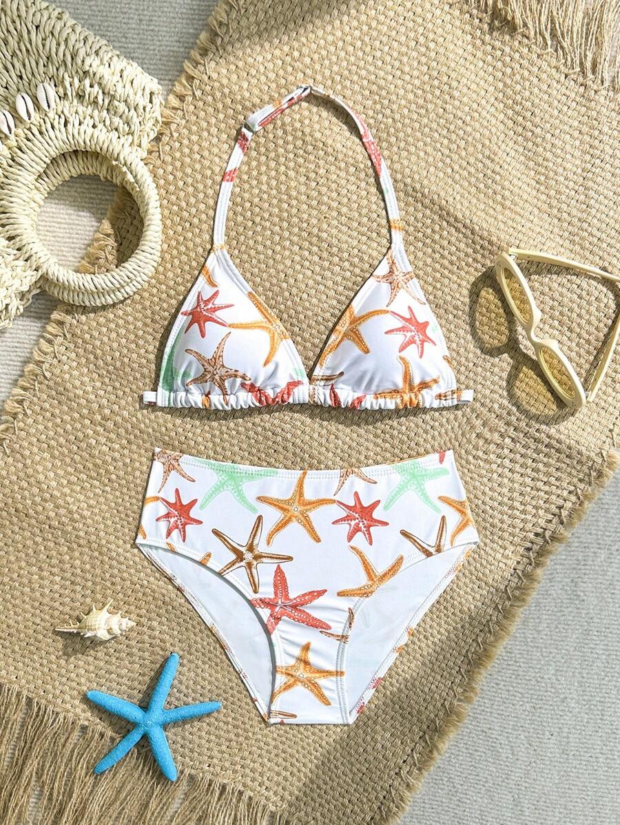 青少年女孩比基尼套装 - 海星印花，针织面料，2 件泳衣套装，时尚休闲优雅泳装，适合游泳、度假、夏季 - 粉色 - 查看 1