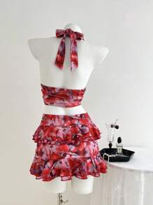 SHEIN Unity Women 2 Pieces Outfit: Twist Front Halter Top And Ruffled Hem Skirt Set - Red - View 2