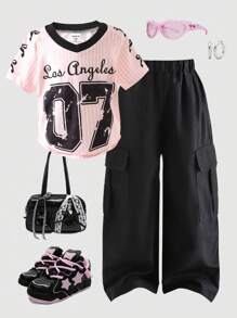 SHEIN Girls Sporty Casual Outfit, Stripe 07 Graphic Baseball Tee With Bow Cuffed Sleeves & Black Cargo Pants, Fashion Y2k Girl Outfits Girls 90s Outfit Tween Outfits