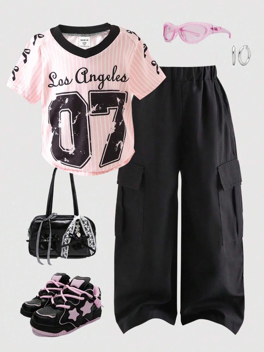 SHEIN Girls Sporty Casual Outfit, Stripe 07 Graphic Baseball Tee With Bow Cuffed Sleeves & Black Cargo Pants, Fashion Y2k Girl Outfits Girls 90s Outfit Tween Outfits