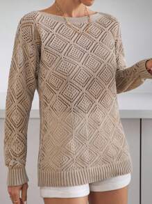 EURMUSE Women's Casual Beige Knit Top With Boat Neck And Long Sleeves, Featuring A Stylish Hollow Out Patterned Design For Everyday Wear.,Jumper,Cream Jumper,Jumpers,Black Jumper,Womens Jumper,White Jumper,Women's Jumper,Women's Jumpers,Winter Clothes - Beige - View 3