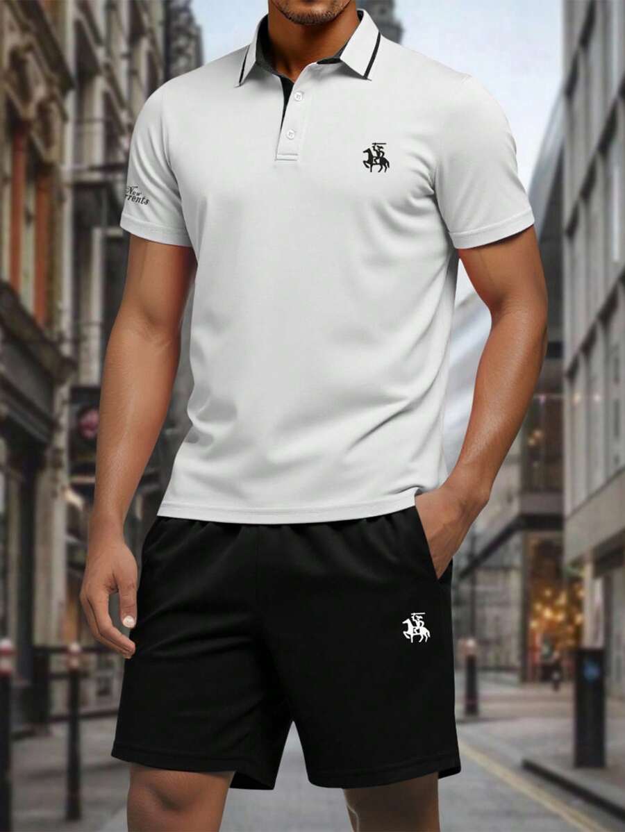Manfinity Homme 2 件男士休闲纽扣 Polo 衫套装(不对称剪裁)男士两件套休闲短款 Polo 衫套装 - 黑與白 - 查看 1