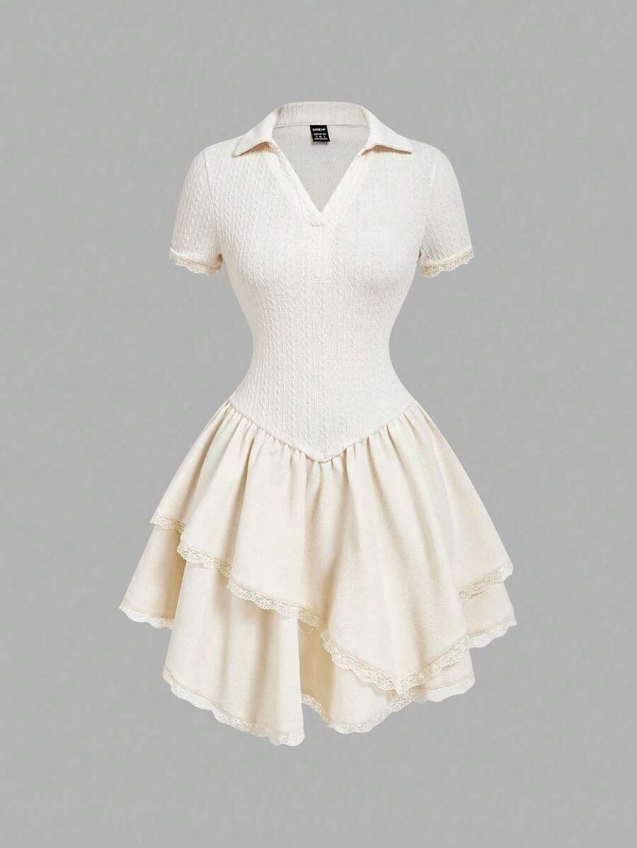 SHEIN MOD Women's Collared Short Sleeve Contrast Lace Ruffle Hem Dress,Cream White,Summer,Cute,School,Fairycore Tea Party Modest Birthday Party Vacation Outfits - Apricot - View 1