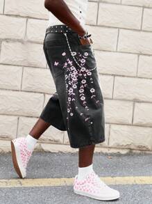 ROMWE MEN Street Life Jeans de mezclilla holgados informales con bolsillo con bordado floral para hombres - Negro - Ver 7