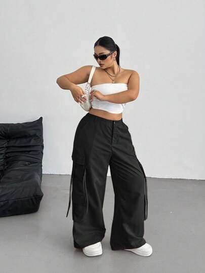 Vibekara 大码女式卡其色多口袋休闲直筒工装裤