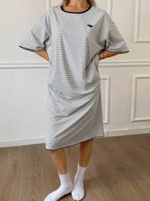 DAZY Váy ngủ họa tiết trái tim và sọc nhiều màu dáng rộng, đồ ngủ nữ, đồ ngủ Moo Moo - Xám - Xem 6