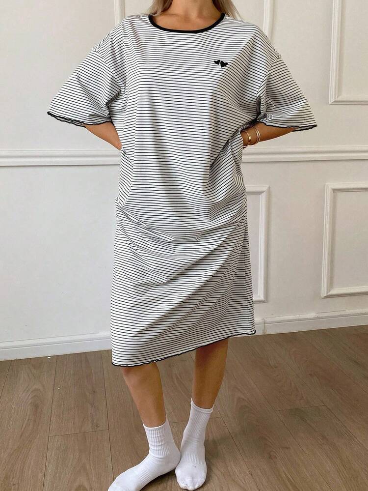 Loose Fit Heart Print & Striped Color Block Lounge Dress, Women Sleepwear, Moo Moo Pajama
