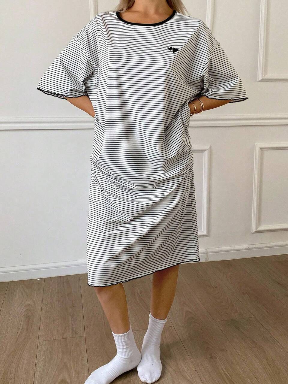 Loose Fit Heart Print & Striped Color Block Lounge Dress, Women Sleepwear, Moo Moo Pajama