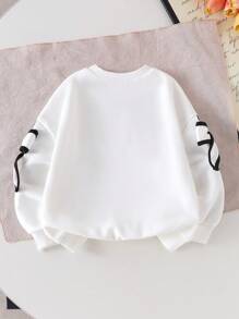 SHEIN 2 件套年轻女孩针织简约 3D 蝴蝶结圆领长袖运动衫和黑色裤子套装，时尚秋季服装 - 白色 - 查看 5