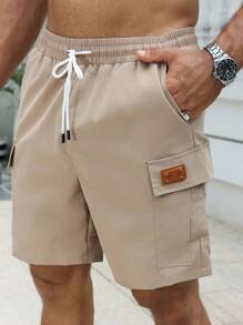 Manfinity Homme Quần short Cargo có túi rút dây thường ngày dành cho nam, có nhãn da nhỏ - Màu Khaki - Xem 3