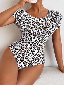 Nuevo traje de baño de una pieza con volantes y estampado de leopardo sexy para vacaciones de mujer - Multicolor - Ver 3