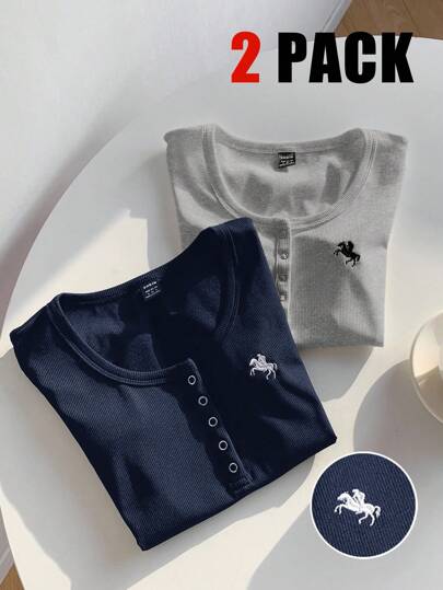 Comfortcana 2 件靛蓝和灰色纯色亨利领刺绣修身短袖 T 恤